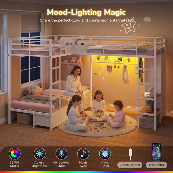 Triple Bunk Beds Twin Over Twin Size with LED Lights, L-Shaped Metal Bunk Bed Frame with 9 Storage Drawers, Open Shelves, Safety Guardrail and Ladder for 3 Teens Adults, White