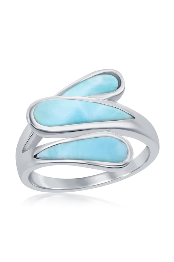 Triple Bypass Design Natural Larimar Gemstone Pear-Shaped Ring Sterling Silver Jewelry for Women or Teens-size 7