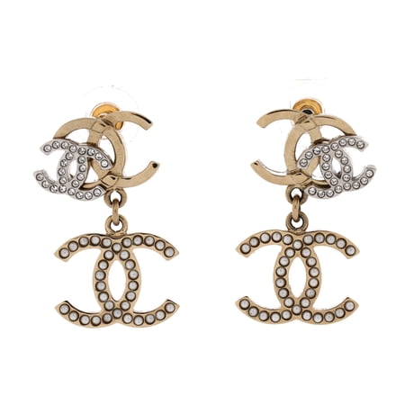 Triple CC Drop Earrings Metal with Crystals and Faux Pearls By Rebag