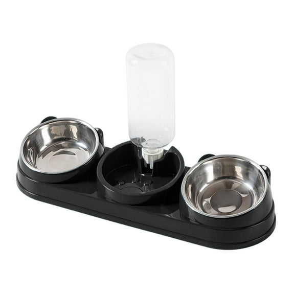 Triple Cat Food Bowls with Stainless Steel Insert and 500ml Water Bottle for Small Animals
