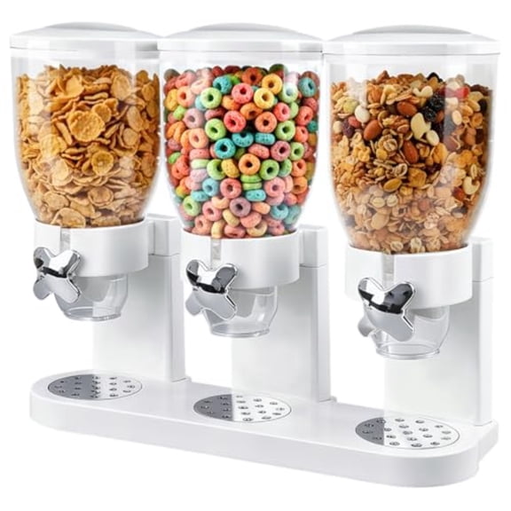 Triple Cereal Dispenser Countertop 2L Airtight Cereal Containers Storage Large Capacity Total 6L for Kitchen Pantry Rotating Dry Food Dispenser for Candy Nut Coffee Beans White