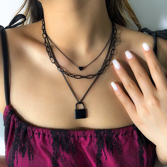 Triple Chain Necklace with Heart & Lock Pendants - Adjustable Black Punk Style Collarbone Jewelry, Alloy Material, Ideal for Daily Wear & Gifting, Necklace