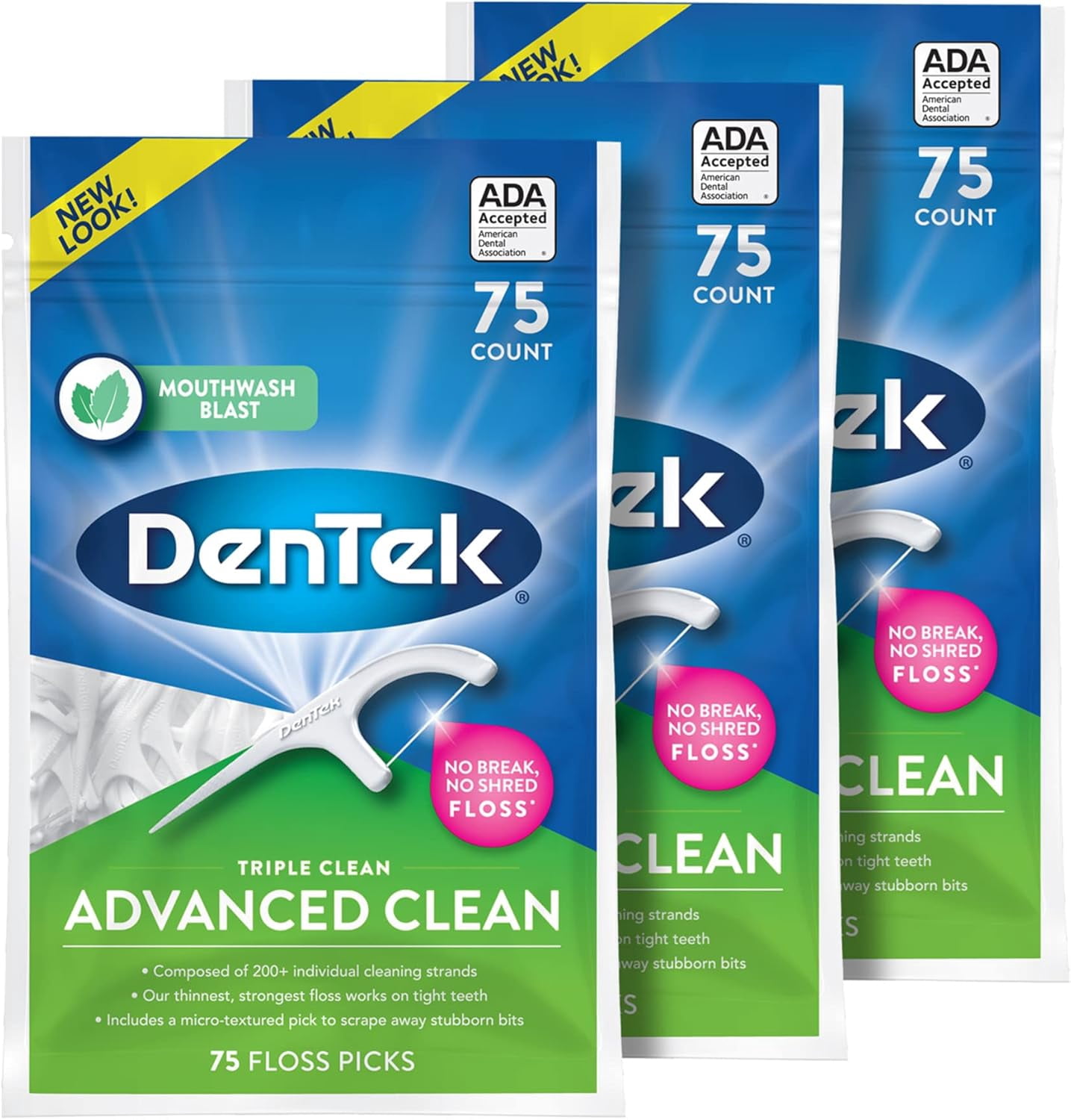 Triple Clean Advanced Floss Picks, No Break & Shred Floss, 75 Count, 3 Pack