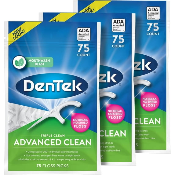 Triple Clean Advanced Floss Picks, No Break & Shred Floss, 75 Count, 3 Pack