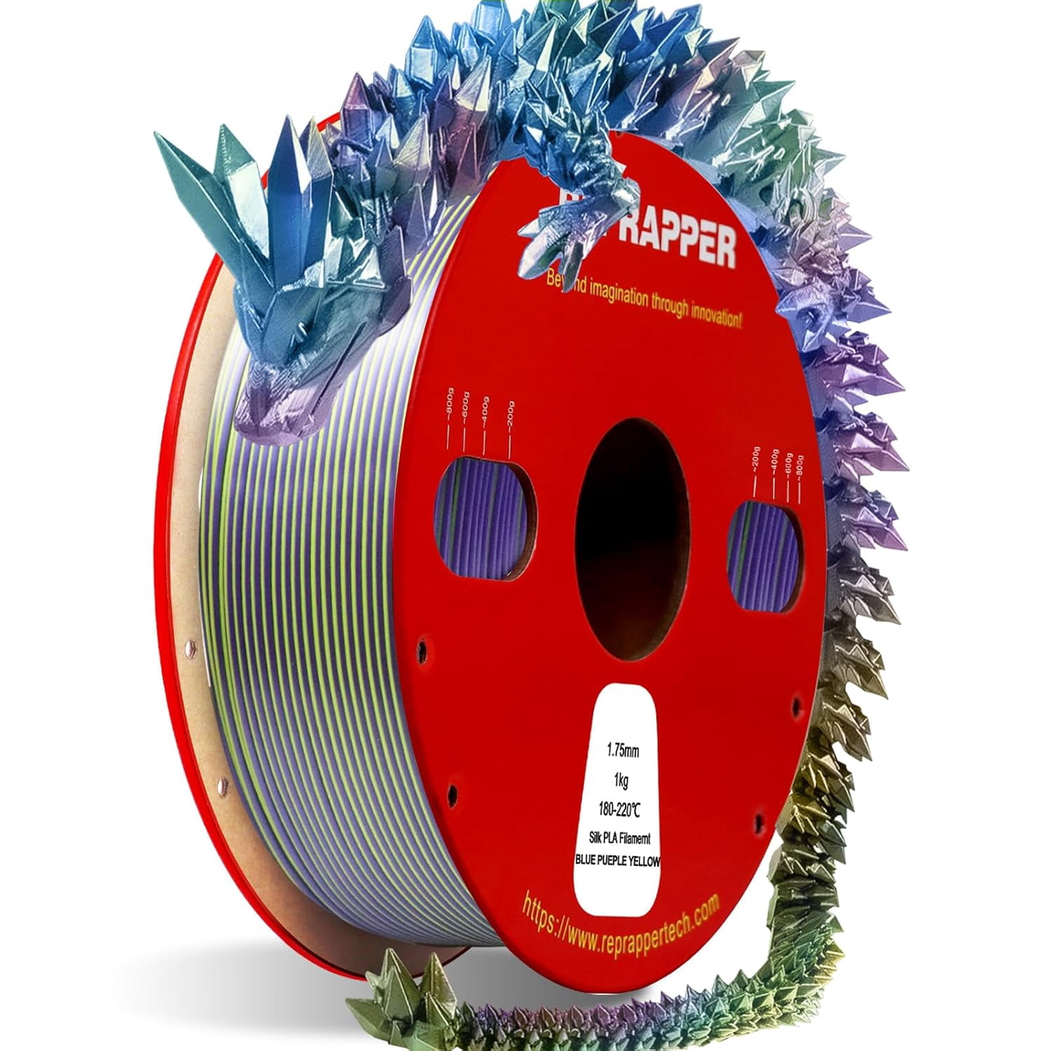 Triple Color Filament Coextrusion PLA Filament 1.75mm for 3D Printer, Multicolor Like Dual Color Rainbow PLA, 2.2lbs (1kg), Silk PLA Blue/Purple/Yellow