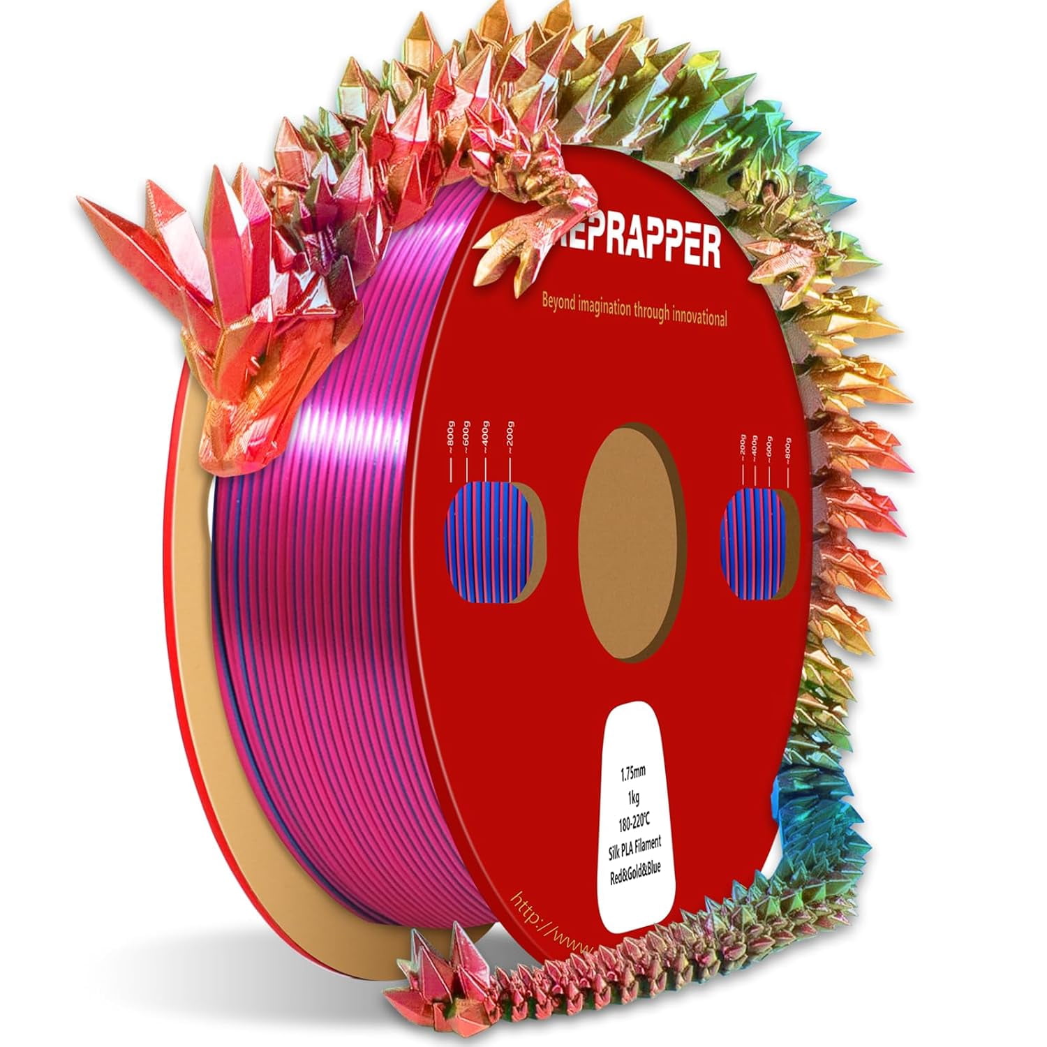 Triple Color Filament Coextrusion PLA Filament 1.75mm for 3D Printer, Multicolor Like Dual Color Rainbow PLA, 2.2lbs (1kg), Silk PLA Red/Gold/Blue
