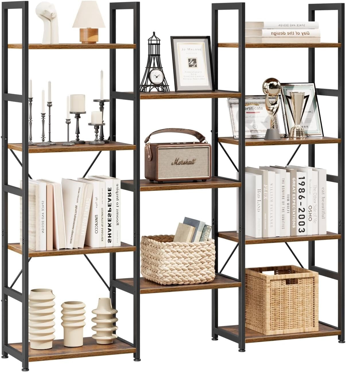 Triple Column 4 Tier Bookshelf, Bookcase with 11 Open Display Shelves ...