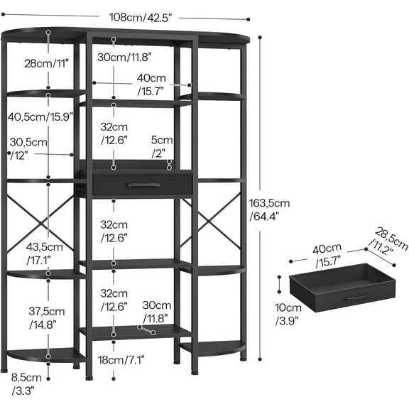 Triple Column 5 Tier Book Shelf Industrial Storage Rack with Fabric Drawer for Home Office Living Room Black
