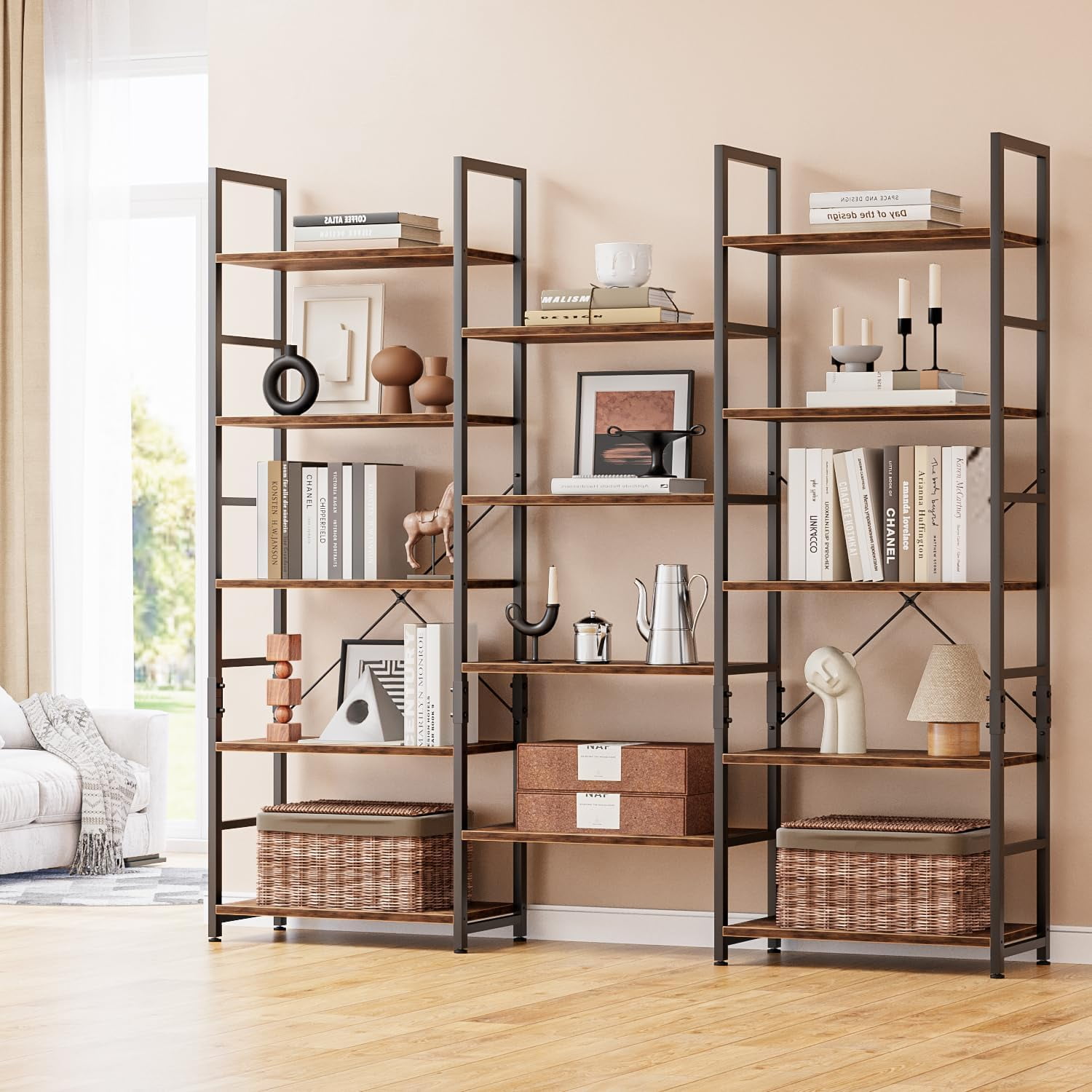 Triple Column 5 Tier Bookshelf Bookcase with 14 Open Display Shelves ...