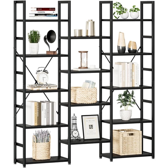 Triple Column 5 Tier Bookshelf, Bookcase with 14 Open Display Shelves, Adjustable Rustic Industrial Style Book Shelves, Modern Bookshelves for Bedroom, Living Room and Home Office