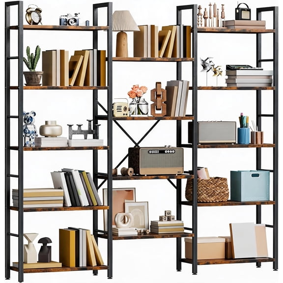 Triple Column 5 Tier Bookshelf with 14 Open Shelves Rustic Brown 67.3 H x 60 W x 9.7 D Inches Bestseling