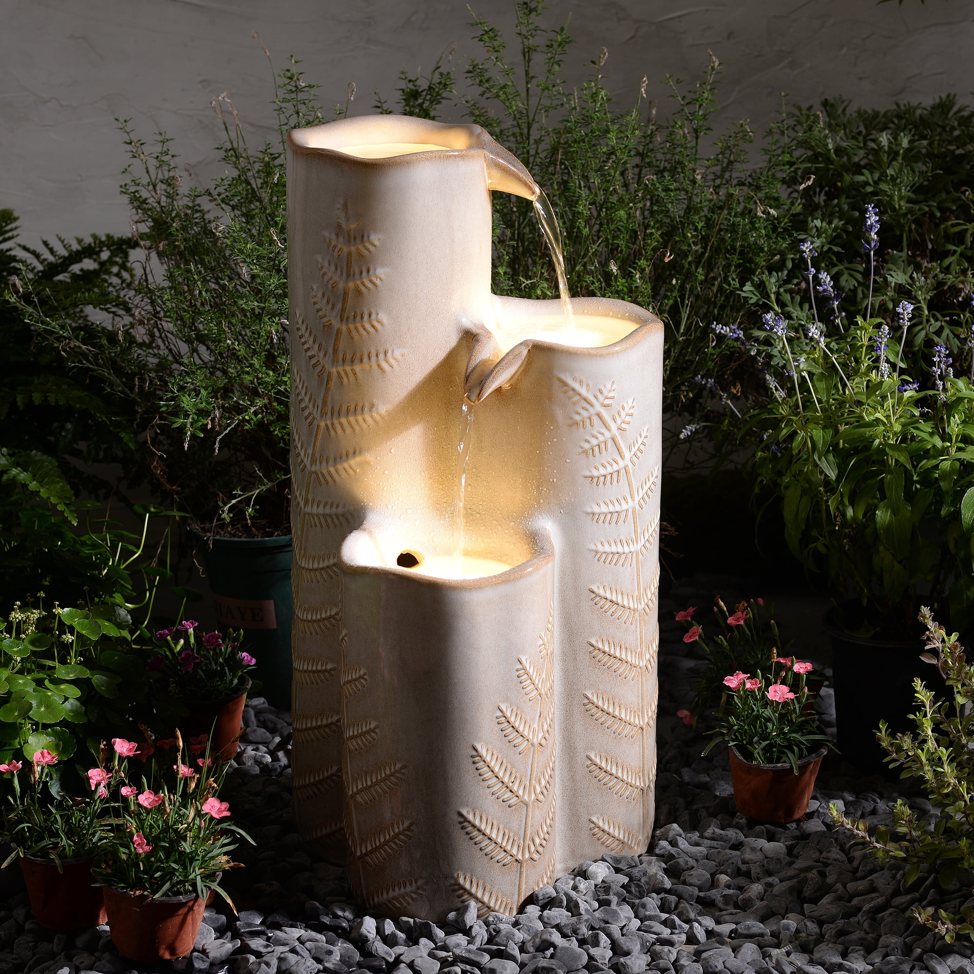 Triple Column Ivory Ceramic Fountain, Decorative Water Fountain with LED Lights and Quiet Pump, Indoor Outdoor Water Feature for Patio, Garden, Deck, Balcony, Office and Home Décor