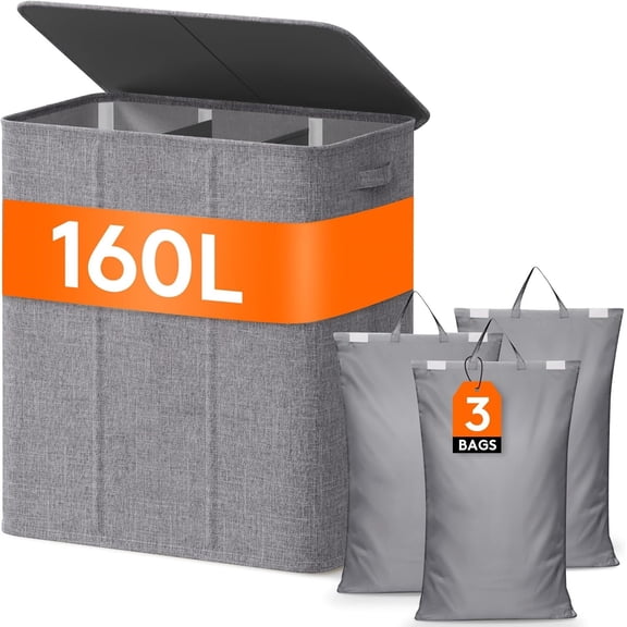 Triple Compartment Laundry Hamper - 160L Collapsible Organizer with Removable Bags & Lid (Light Gray)