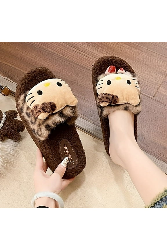 Triple Cute Leopard Print Kitty Slippers for Women Autumn Winter Home Indoor Non-Slip Cute New Platform Outdoor Wear Warm Fur Leopard Print