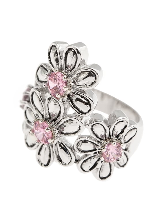 Triple Daisy Flower Ring with Pink Austrian Crystals, - Fashion Statement Ring Size 9 Jewelry Ring Silver Metal