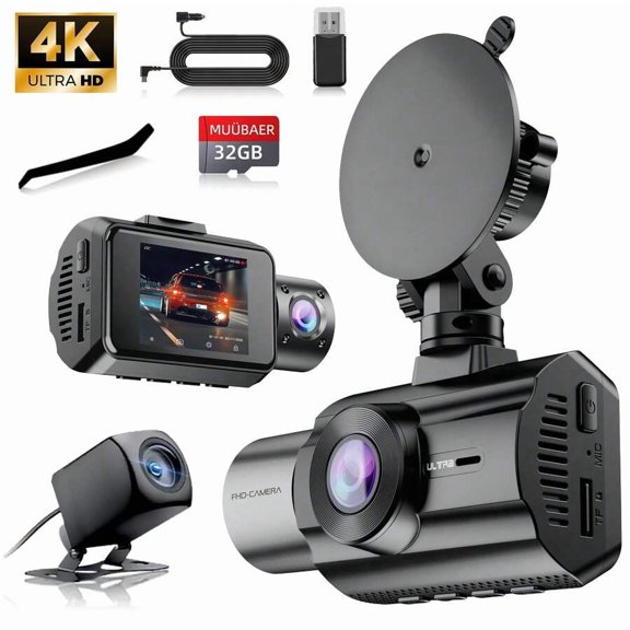 Triple Dash Cam 4K Front & 1080P Rear/Interior, 3 Channel Car Camera with 32GB Card, IR Night Vision, 24/7 Parking Surveillance, G-Sensor, Loop Recording, for Cars, Trucks