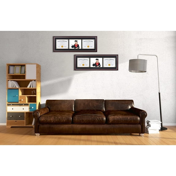 Triple Diploma Frames 8.5 x 11, Fits 3 Certificate 8.5 x 11 with Mat, Degree & Picture Frame for Wall Mount Display (Mahogany, Ornate Gold, Horizontal Style, Black Over Double Mat)