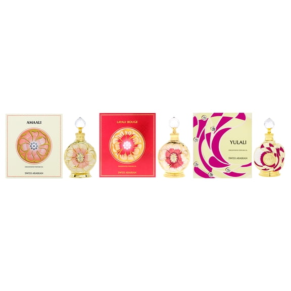 Triple Discovery Kit by Swiss Arabian for Women - 3 Pc Kit 0.5oz Layali Rouge Concentrated Perfume Oil, 0.5oz Amaali Concentrated Perfume Oil, 0.5oz Yulali Concentrated Perfume Oil