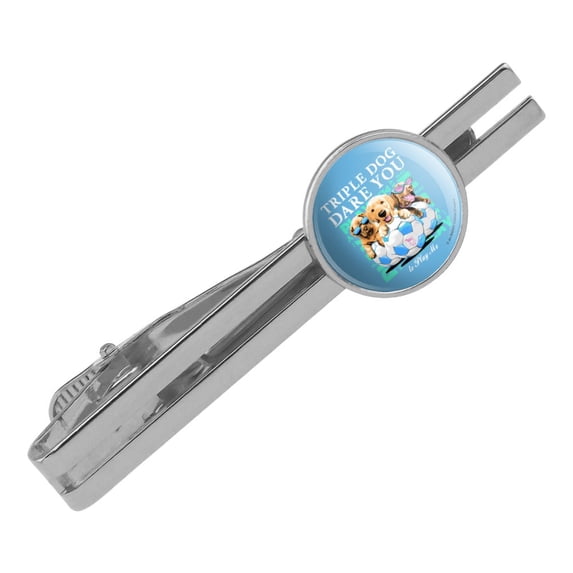 Triple Dog Dare You to Play Me Puppies Soccer Balls Round Tie Bar Clip Clasp Tack Silver Color Plated