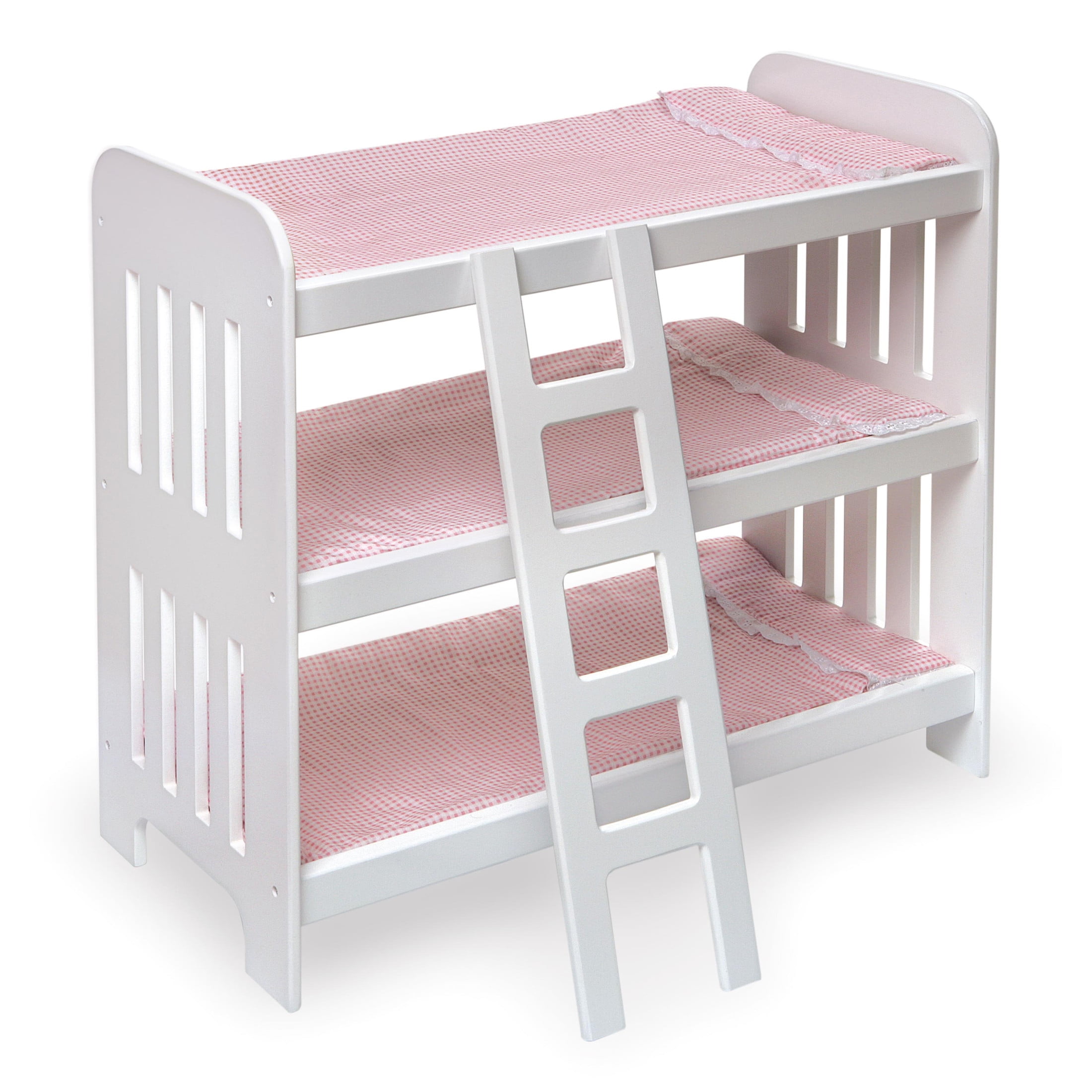 Triple Doll Bunk Bed with Ladder, Bedding, and Free Personalization Kit - Pink Gingham