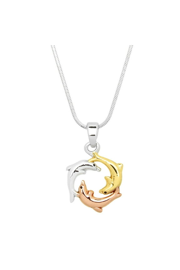 Triple Dolphin Pendant Necklace Gold Rhodium Rose Gold Plated 17 Inch Snake Chain J0731