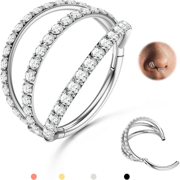 Triple/Double Hoop Nose Ring - 316L Stainless Steel Septum Clicker 16G/18G/20G CZ Conch Piercing Jewelry Septum Clicker Rings Cartilage Earring Helix Rook Tragus Gold/Black/Silver/Rose Gold