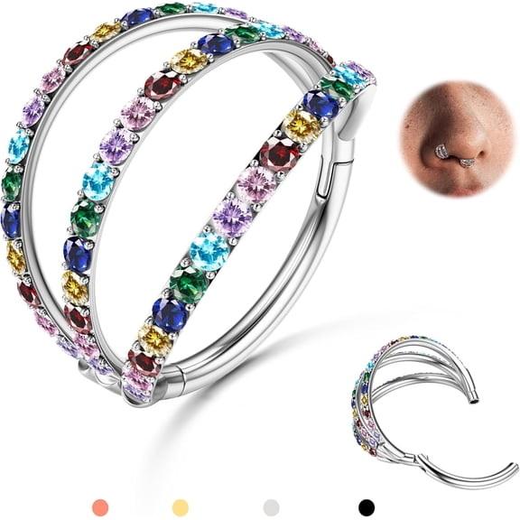 Triple/Double Hoop Nose Ring - 316L Stainless Steel Septum Clicker 16G/18G/20G CZ Conch Piercing Jewelry Septum Clicker Rings Cartilage Earring Helix Rook Tragus Gold/Black/Silver/Rose Gold
