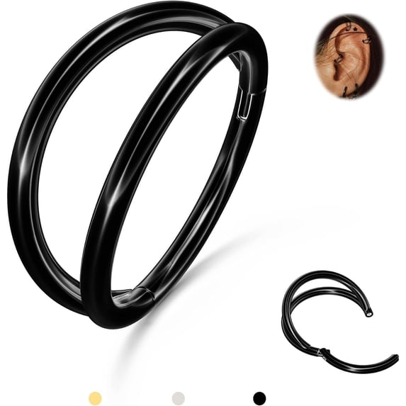 Triple/Double Hoop Nose Ring - G23 Titanium Septum Rings 16G/18G/20G CZ Nose Piercings Jewelry Conch Helix Daith Rook Tragus Cartilage Earring Hinged Nostril Piercing Gold/Black/Silver