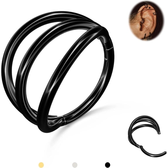 Triple/Double Hoop Nose Ring - G23 Titanium Septum Rings 16G/18G/20G CZ Nose Piercings Jewelry Conch Helix Daith Rook Tragus Cartilage Earring Hinged Nostril Piercing Gold/Black/Silver