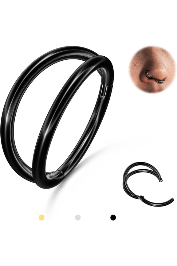 Triple/Double Hoop Nose Ring - G23 Titanium Septum Rings 16G/18G/20G CZ Nose Piercings Jewelry Conch Helix Daith Rook Tragus Cartilage Earring Hinged Nostril Piercing Gold/Black/Silver