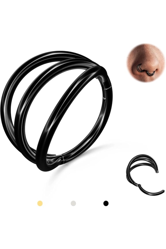 Triple/Double Hoop Nose Ring - G23 Titanium Septum Rings 16G/18G/20G CZ Nose Piercings Jewelry Conch Helix Daith Rook Tragus Cartilage Earring Hinged Nostril Piercing Gold/Black/Silver