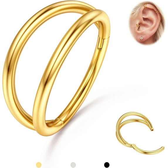 Triple/Double Hoop Nose Ring - G23 Titanium Septum Rings 16G/18G/20G CZ Nose Piercings Jewelry Conch Helix Daith Rook Tragus Cartilage Earring Hinged Nostril Piercing Gold/Black/Silver