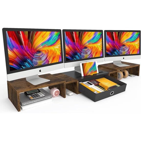 Triple Dual Monitor Stand Riser with Drawer,Extra Large Adjustable for 2~3 Monitors,Solt for Phone & Tablet, Desktop Organizer Stand for Computer