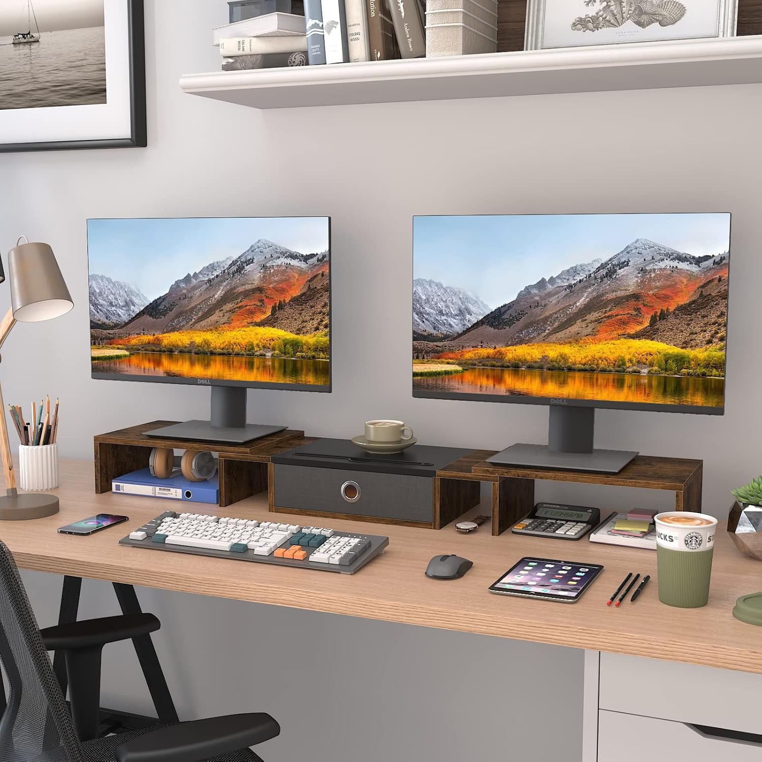 Triple Dual Monitor Stand Riser with Drawer  Large Adjustable for 2~3 Monitors Solt for Phone Tablet Desktop Organizer
