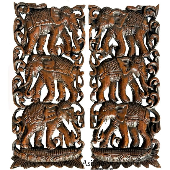 Triple Elephant Carved Wood Wall Art Panel. Size 17.5x7.5 Extra Thick Each, Set of 2 Brown