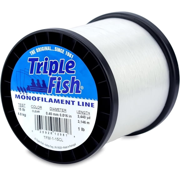 Triple Fish Monofilament Line, 20 lb Test, Clear, 1 lb Spool, 2640 yd
