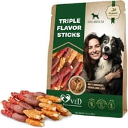 Triple Flavor Dog Rawhide Treats - Duck & Chicken Human Grade Meat - Natural & Organic Pet Dried Snacks - Grain Free Long Lasting Chews for Large & Small Dogs - Best Sticks for Healthy Teeth
