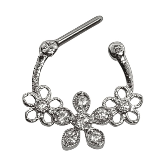 Triple Flower Design CZ Septum Nose Ring Clicker Surgical Steel 16g
