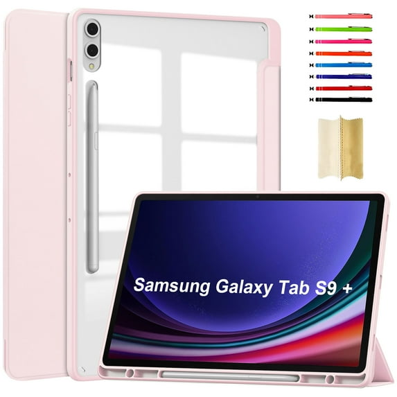 Triple-Fold Case for Samsung Galaxy Tab S10 Plus/S9 Plus/S8 Plus/S7 Plus/S7 FE with Pencil Holder, Clear Transparent Back Slim Adjustable Kickstand Shockproof Tablet Cover Magnetic, Rosegold