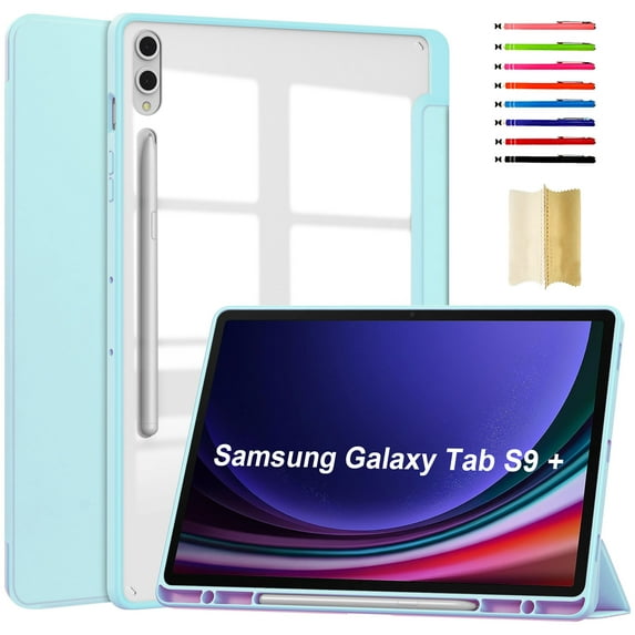 Triple-Fold Case for Samsung Galaxy Tab S9 Plus/S8 Plus/S7 Plus/S7 FE with Pencil Holder, Clear Transparent Back Slim Adjustable Kickstand Shockproof Tablet Cover Magnetic, Skyblue