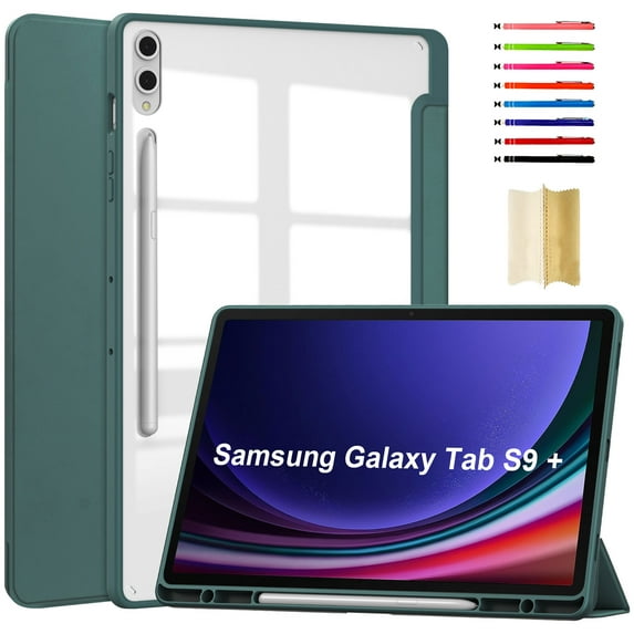 Triple-Fold Case for Samsung Galaxy Tab S9 Plus/S8 Plus/S7 Plus/S7 FE with Pencil Holder, Clear Transparent Back Slim Adjustable Kickstand Shockproof Tablet Cover Magnetic, Darkgreen