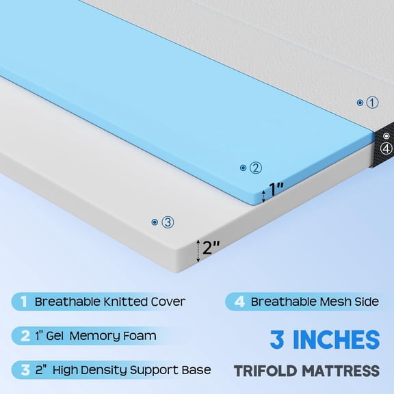 Triple Fold Queen Mattress with Washable Cover Medium Firm Gel Memory Foam for Kids Adults RV Camping Guest Room