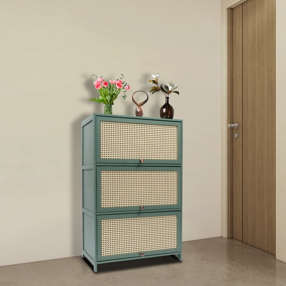 Triple Folding Doors Save Space, 7-Tier Vertical Storage, Plastic Handles for Easy Access, Shoe Storage Cabinet, Bamboo Shoe Floor Storage Organizer Rack, Shoes Organizer, for Entrances, Dining Rooms