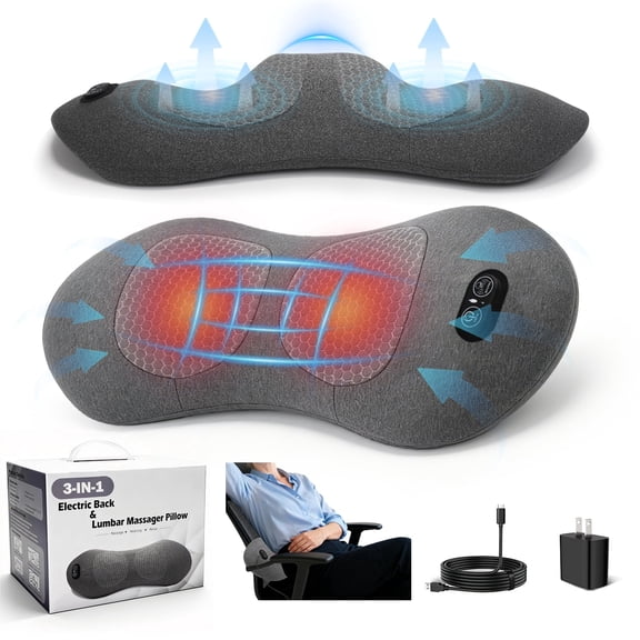 YuronHome 2026 Upgraded 3-in-1 Electric Lumbar Support Pillow, Neck Back Massager (with heating, vibration, and traction functions)Back Support Pillow for Chairs and Cars, Relieve Back Pain