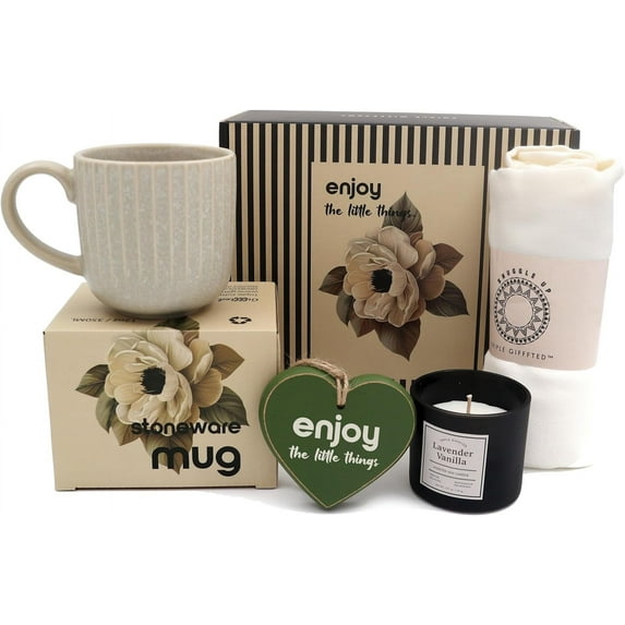 Triple Gifffted Gift Set for Women Including Coffee Mug Candle Wooden Heart Soft Scarf for Mom Wife Sisters Best Friend, Anniversary Valentines Christmas Mother Day Birthday Get Well Thank You