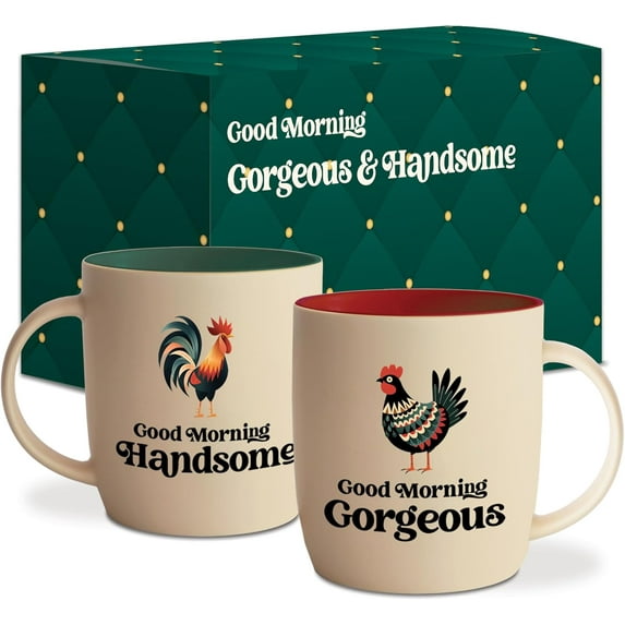 Triple Gifffted Good Morning Handsome and Gorgeous Coffee Mug Set, Engagement Wedding Gifts for Couple, Bride Groom Newlywed Bridal Shower, His Hers, Mr Mrs, Christmas, Valentines Day, Ceramic 13Oz