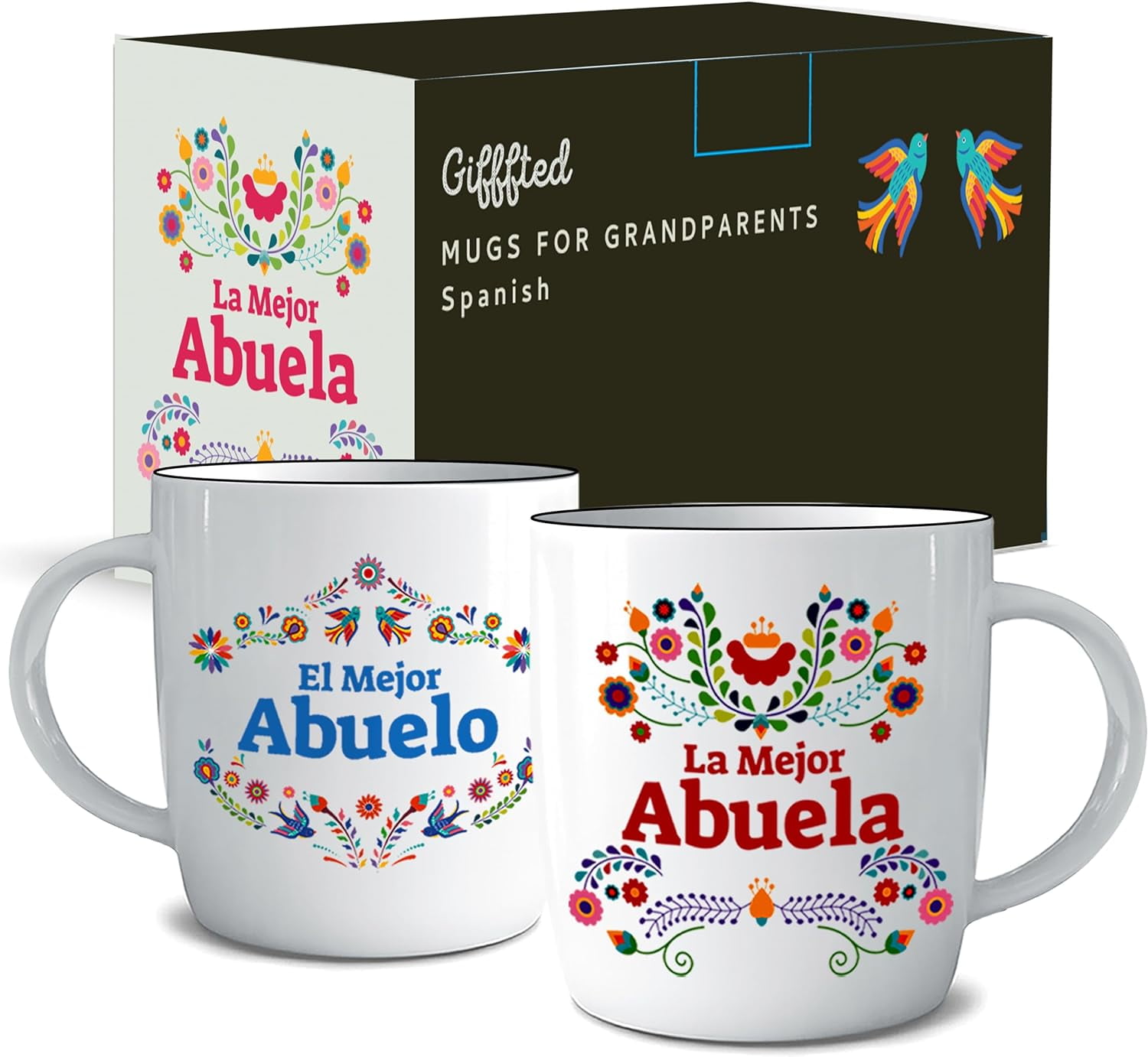 Triple Gifffted Grandparents Gifts, La Mejor Abuela and Abuelo Coffee Mugs in Spanish, Latino Best Grandma and Grandpa, Regalo Dia Birthday and Christmas, Taza Abuelos, Ceramic Cup 13 Oz