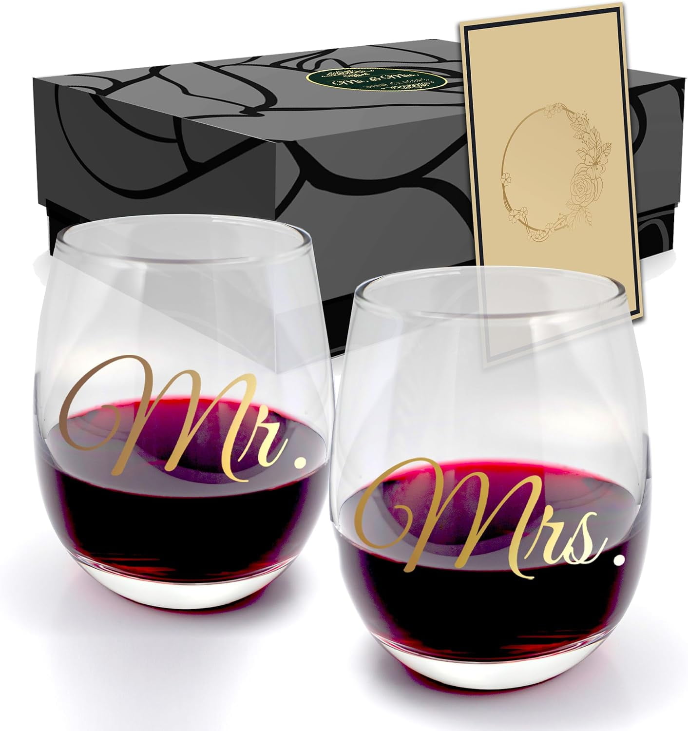 Triple Gifffted Mr and Mrs Wine Glasses Couples Gifts Ideas for Wedding, Anniversary, Gift for Engagement, Bride & Groom, Newlyweds, His and Hers, Wife, Husband, Christmas Presents