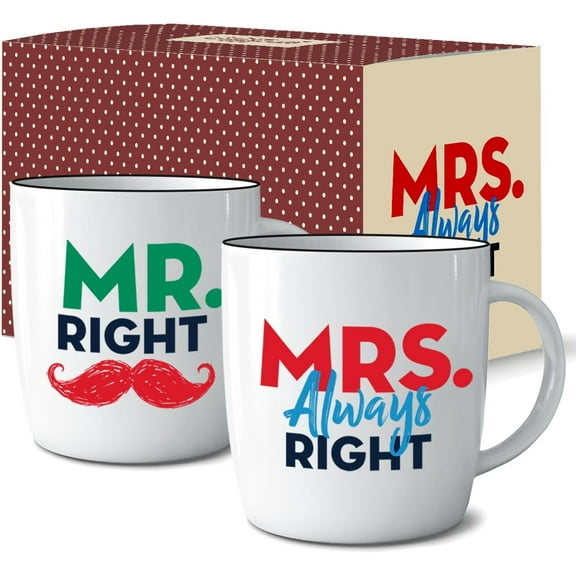 Triple Gifffted Mr Right Mrs Always Right Coffee Mugs Gifts Ideas for Couples, Wedding Anniversary, Engagement, Christmas, His & Hers, Bride and Groom, Parents, Newlyweds Bridal Shower, Ceramic 380ml