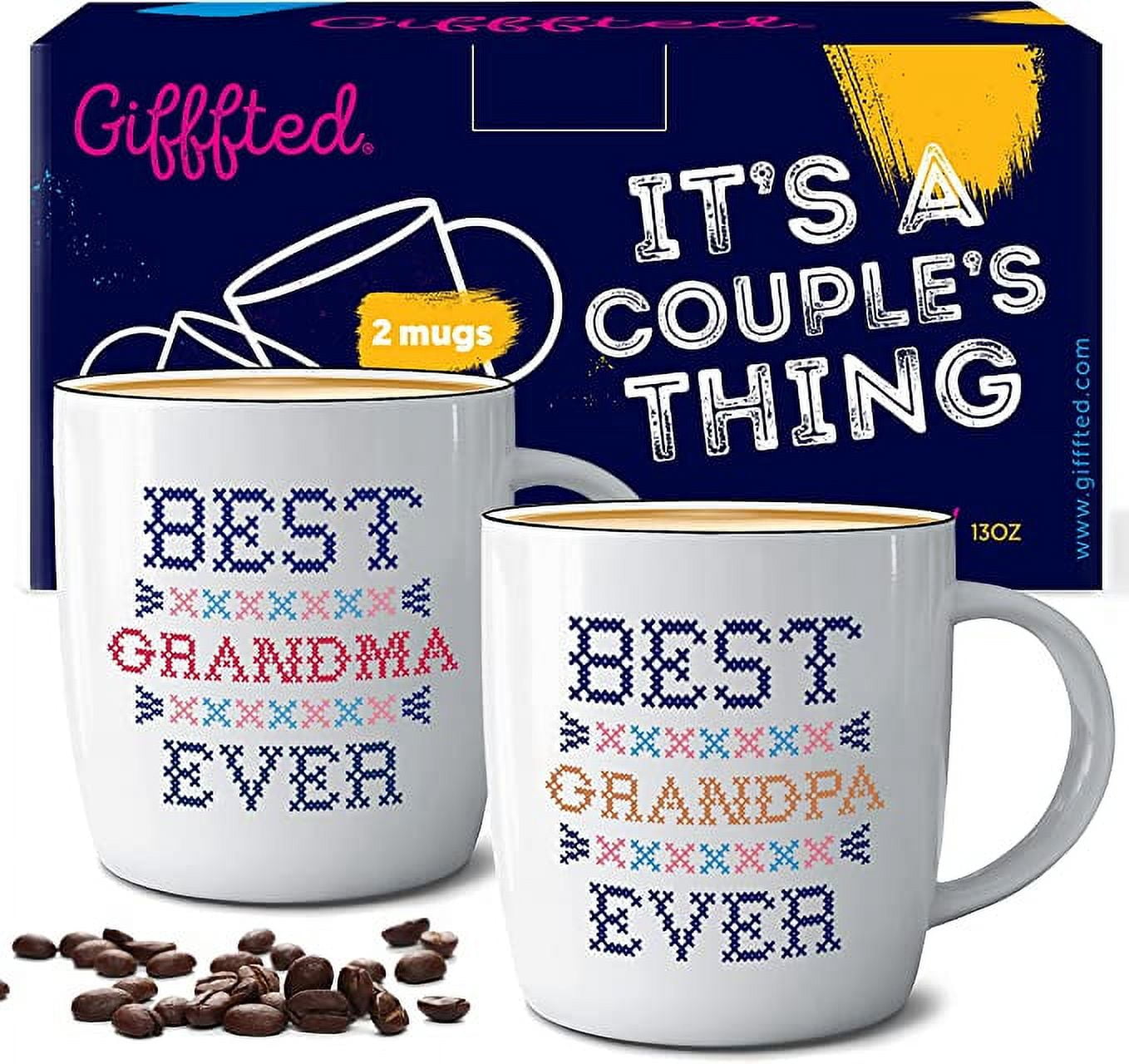 Triple Gifffted Worlds Best Grandparents Coffee Mugs for Grandma and Grandpa Gifts Ideas From Grandkids, Grandchildren, New First Time Grandparent Announcement Christmas Valentines Day, Ceramic 380ml
